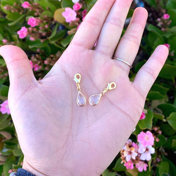 2pcs Clip On Dangle April Diamond Clear Birthstone Charm Drops, Tarnish Resistant, 18K Yellow Gold Plated Lobster Clasp, BL8-4