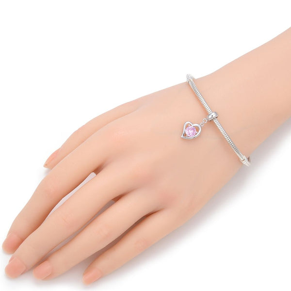 1pc 925 Sterling Silver Love Heart October Birthstone Charm Drop, Pink Tourmaline Cubic Zirconia CZ, 26mm (1 inch) Long, Hole ID 4.5mm, EC1-E10