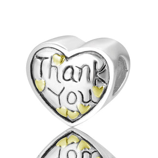 Real 925 Sterling Silver Thank You Gold Love Heart Bead Charm