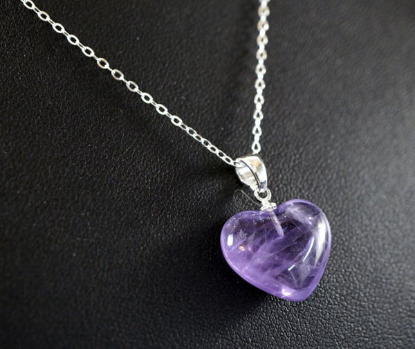 1pc You Are My Only Love Necklace, Natural Purple Amethyst Crystal Gemstone Large Heart Pendant, 18 Inch Surgical Stainless Steel Chain, GGP8-9
