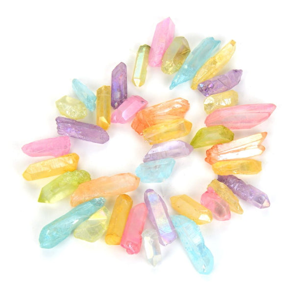 1 Strand Natural Raw Crystal Quartz Gemstone Beads, Large Drilled Stone Points, Chakra Rainbow AB Titanium Coated Gem Stick, 15 Inch, GA-E6