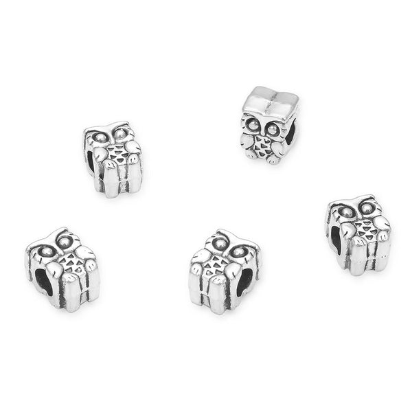 20pcs Owl Symbol of Wisdom Prosperity Large Hole Beads, Hole ID 4.5mm, Antique Silver, Zinc Alloy Metal, MEC-A4