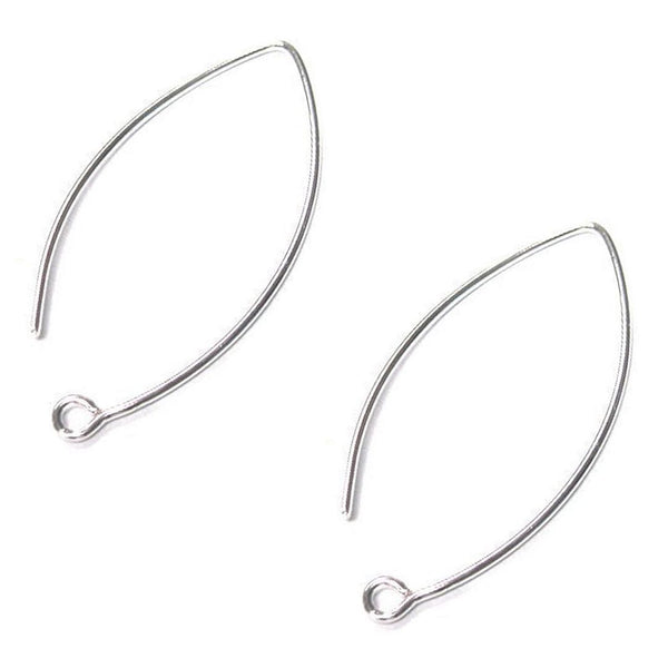 50pcs Marquise Earring Hooks, Sterling Silver Plated Brass, 45mm Long, Wire Gauge Selections: 0.7mm/21 Gauge or 0.9mm/19 Gauge
