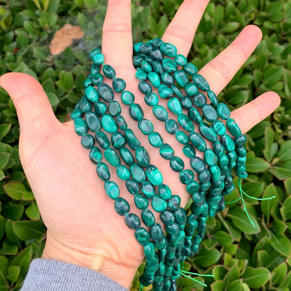 Natural Green Malachite Gemstone Oval Tumbled Pebble Beads, Irregular, 7mm to 10mm, Hole ID 1mm, 15 Inch/1 Strand, GZ12-79