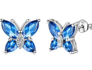 1 Pair 925 Sterling Silver December Birthstone Butterfly Stud Earrings, 10mm, Cubic Zirconia CZ Blue Zircon Stone, SSE83-12