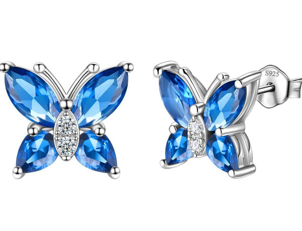 1 Pair 925 Sterling Silver December Birthstone Butterfly Stud Earrings, 10mm, Cubic Zirconia CZ Blue Zircon Stone, SSE83-12