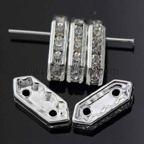 50pcs Grade A 2-Hole Crystal Clear Rhinestone Beads, Sterling Silver Plated Brass, 15mm Spacer Bar, CF38