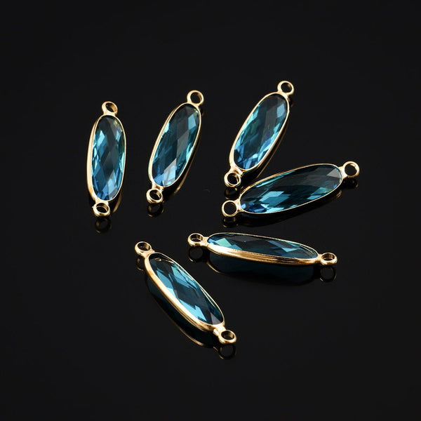 10pcs Grade A March Aquamarine Blue Rectangle Bar Birthstone Links, 18K Yellow Gold Plated Brass, 21x7mm, CCP9-G3