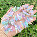 1 Strand Natural Raw Crystal Quartz Gemstone Beads, Small Drilled Stone Points, Chakra Rainbow AB Titanium Coated Stone Stick, 15 Inch, GA6