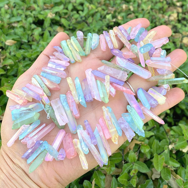 1 Strand Natural Raw Crystal Quartz Gemstone Beads, Small Drilled Stone Points, Chakra Rainbow AB Titanium Coated Stone Stick, 15 Inch, GA6