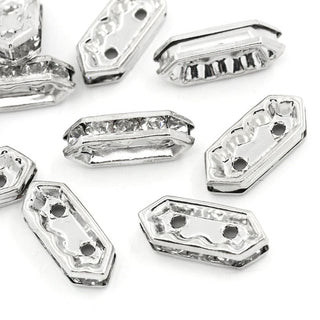 50pcs Grade A 2-Hole Crystal Clear Rhinestone Beads, Sterling Silver Plated Brass, 15mm Spacer Bar, CF38