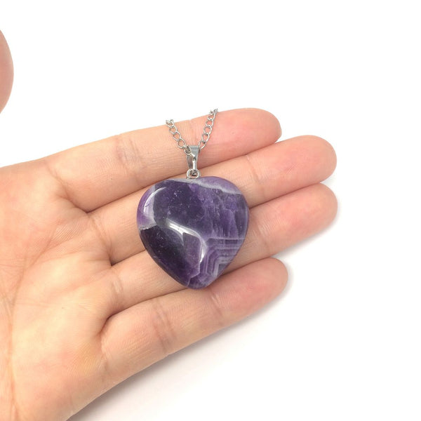 1pc You Are My Only Love Necklace, Natural Purple Amethyst Crystal Gemstone Large Heart Pendant, 18 Inch Surgical Stainless Steel Chain, GGP8-9