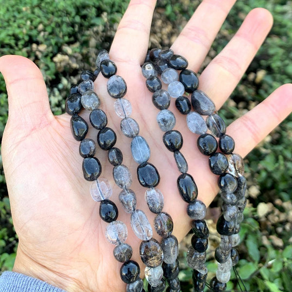 Natural Grade A Black Quartz Rutilated Gemstone Oval Tumbled Pebble Beads, Irregular, 7mm to 9mm, Hole ID 1mm, 15 Inch/1 Strand, GZ12-9