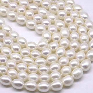 14 Inch Natural A+ Grade Lustrous Teardrop Oval Rice Pearl Beads, White Cultured Freshwater Pearls, 6-7mm, Hole ID 0.7mm, PB2-67