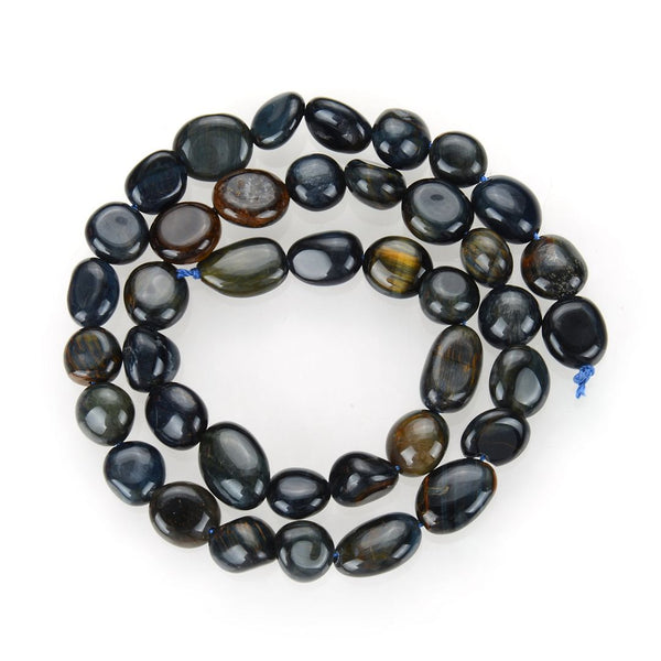 Natural Blue Tiger Eye Gemstone Oval Tumbled Pebble Beads, Irregular, 8mm to 11mm, Hole ID 1mm, 15 Inch/1 Strand, GZ12-28