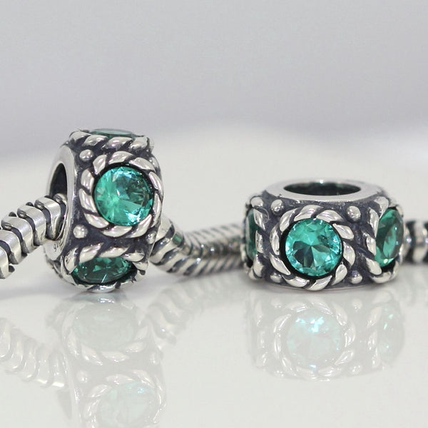 1pc Real 925 Sterling Silver May Birthstone Flower Round Charm Bead, Cubic Zirconia CZ Green Emerald Gemstone, Compatible with Pandora all Other Charm Bracelets, EC1-N5