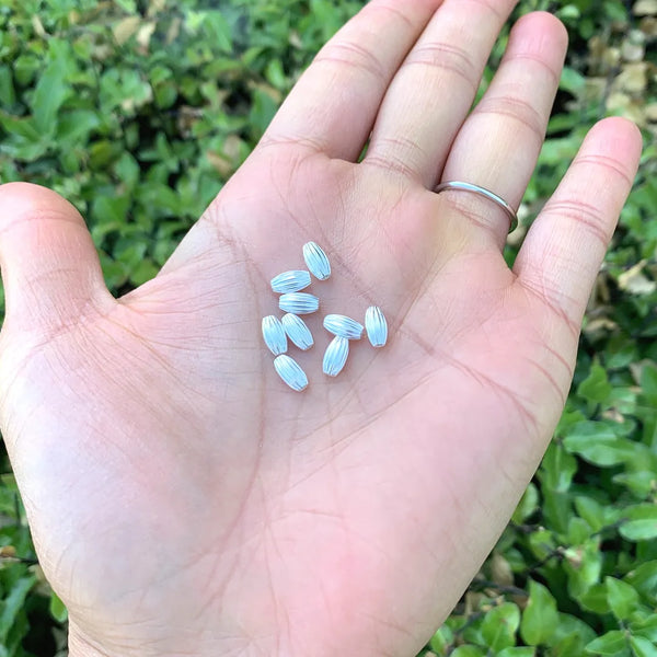 100pcs Corrugated Oval Melon Beads, Sterling Silver Plated Brass, Size Selections: 7x4mm, 10x6mm, 12x8mm