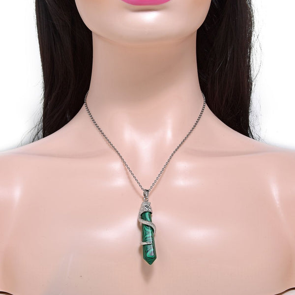 1pc Lab Created Green Malachite Hexagonal Pile Gemstone Pendant Necklace, 18 Inch Surgical Stainless Steel Chain, GGP-D3