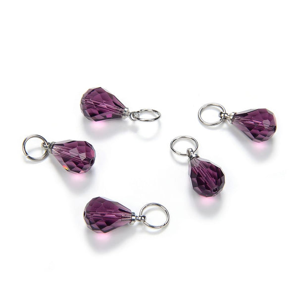 5pcs February Birthstone Charm Drops, 10mm Amethyst Purple Austrian Teardrop Crystal Beads, Sterling Silver Plated Open Jump Rings, BR6-2