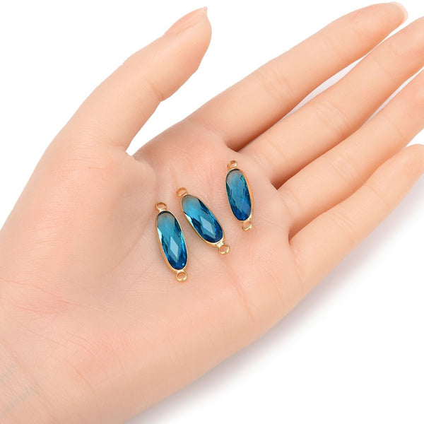 10pcs Grade A March Aquamarine Blue Rectangle Bar Birthstone Links, 18K Yellow Gold Plated Brass, 21x7mm, CCP9-G3