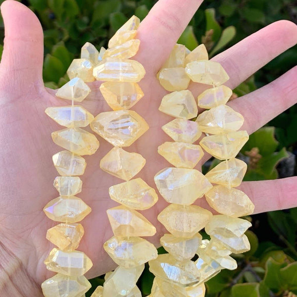 Natural Raw Crystal Quartz Nugget Drilled Gemstone Beads, Topaz Yellow AB Titanium Coated Stone Nuggets, 15 Inch, GA-B11