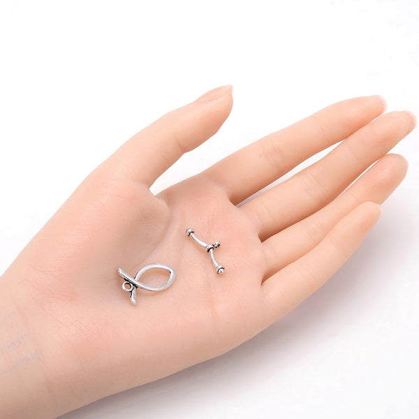 Adabele 20 Sets Fish Shape Toggle Clasp, T-Bar Jewelry Closure, 23mm (0.9 Inch), Antique Silver, MC-AF1