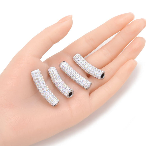 10pcs Adabele Grade A Suncatcher Crystal Rhinestone Pave Polymer Clay Curved Tubes, Clear White AB, 35mm, Hole ID 4mm, DBT-A2