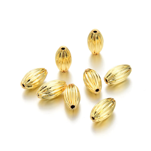 100pcs Corrugated Oval Melon Beads, 18K Yellow Gold Plated Brass, Size Selections: 7x4mm, 10x6mm, 12x8mm