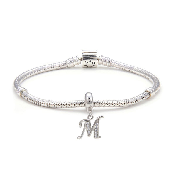 1pc 925 Sterling Silver Letter M, Alphabet Charm Pendant Drop, 18mm Long, Hole ID 4.5mm, EC3-A13