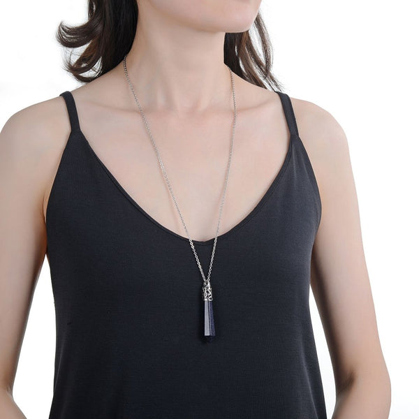 1pc Blue Goldstone Sandstone Stone Hexagonal Pile Gemstone Pendant Necklace, 26 Inch Surgical Stainless Steel Chain, GGP-BB14