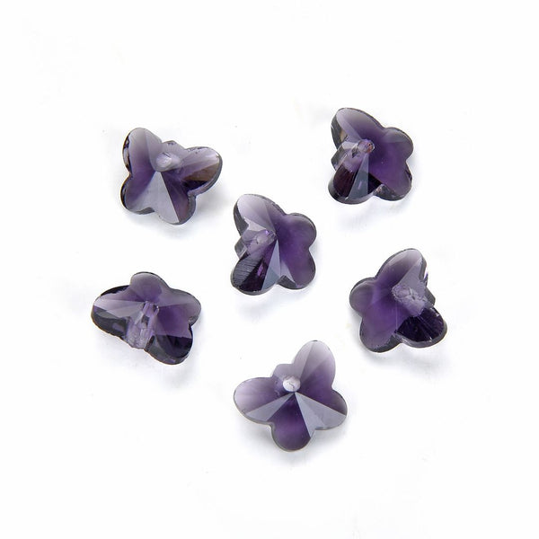 20pcs Creative Club Butterfly Crystal Glass Pendant Drop Beads, February Amethyst Purple Birthstone, 10mm, Hole ID 1mm, CCM-27