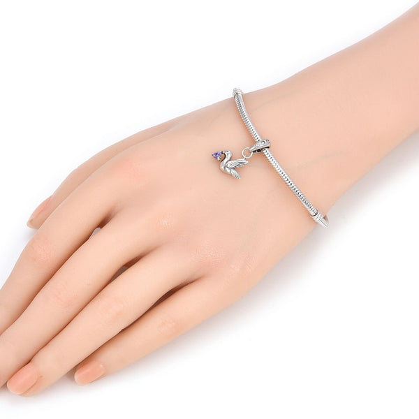 1pc 925 Sterling Silver Bird Charm, Freedom Lover February Birthstone Charm Drop, Purple Amethyst Cubic Zirconia CZ, 20mm Long, Hole ID 4.5mm, EC1-D2