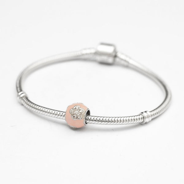 1pc Solid 925 Sterling Silver Pink Flower Cubic Zirconia Bead Charm, Compatible with Pandora All Other Charm Bracelet, EC82