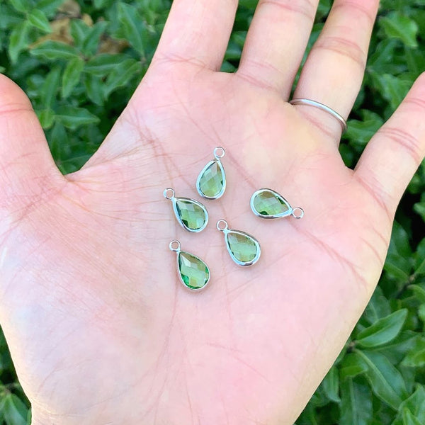 10pcs Grade A August Peridot Green Teardrop Birthstone Charm Drop, Sterling Silver Plated Brass, Size Selections: 11x7mm, 14x8mm, 16x9mm