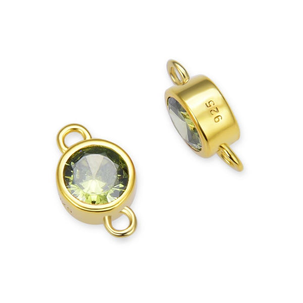 2pcs 925 Sterling Silver 4mm Tiny August Birthstone Links, Real 18K Yellow Gold Plated, Peridot Green Cubic Zirconia Gemstone Connector, SXP5-8