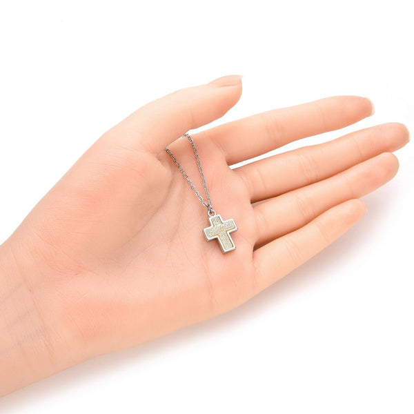 1pc Natural Druzy Crystal Pendant Necklace, Clear AB Cross Drop Small Gemstone Pendant, 18 inch Stainless Steel Surgical Chain, GGP19-5