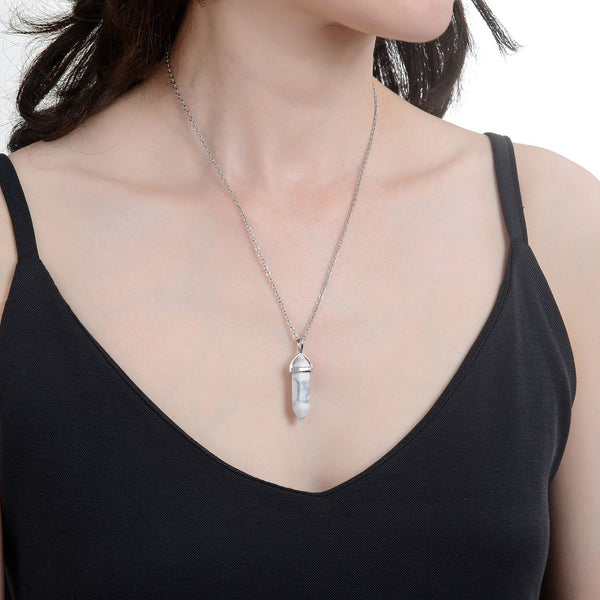 1pc Natural White Howlite Gemstone Pendant Necklace, 18 Inch Surgical Stainless Steel Chain, GGP-C6