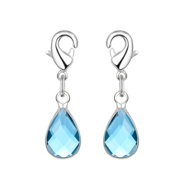 2pcs Clip On Dangle March Aquamarine Blue Birthstone Charm Drops, Tarnish Resistant, Sterling Silver Plated Lobster Clasp, BL7-3