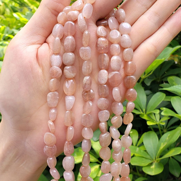 Natural Sunstone Gemstone Oval Tumbled Pebble Beads, Irregular, 8mm to 10mm, Hole ID 1mm, 15 Inch/1 Strand, GZ12-5