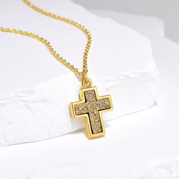 1pc Natural Druzy Crystal Pendant Necklace, Gold Cross Drop Small Gemstone Pendant, 18 inch Gold Plated Stainless Steel Chain, GGP20-1