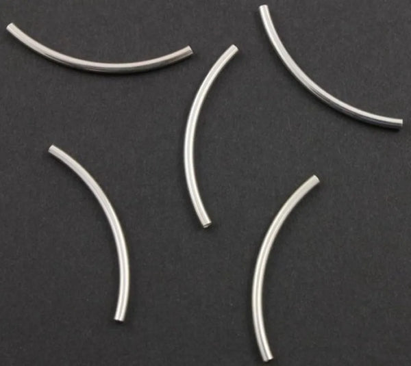 100pcs Curved Noodle Tube Beads, Sterling Silver Plated Brass, Hole ID 1.5mm, Size Selections: 25mm/30mm/35mm/40mm/50mm