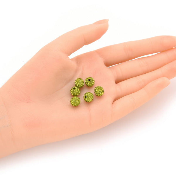 25pcs Adabele Grade A Suncatcher Crystal Rhinestone Pave Polymer Clay Beads, Olivine Green, Size Selections: 8mm/10mm/12mm