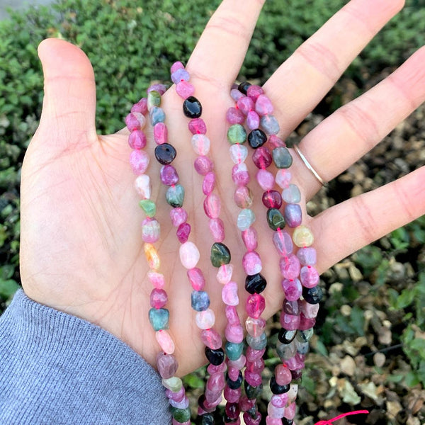 Natural Multi-color Tourmaline Gemstone Oval Tumbled Pebble Beads, Irregular, 6mm to 8mm, Hole ID 1mm, 15 Inch/1 Strand, GZ11-31