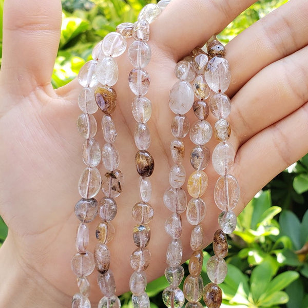 Natural Brown Copper Rutilated Quartz Gemstone Oval Tumbled Pebble Beads, Irregular, 8mm to 11mm, Hole ID 1mm, 15 Inch/1 Strand, GZ12-34