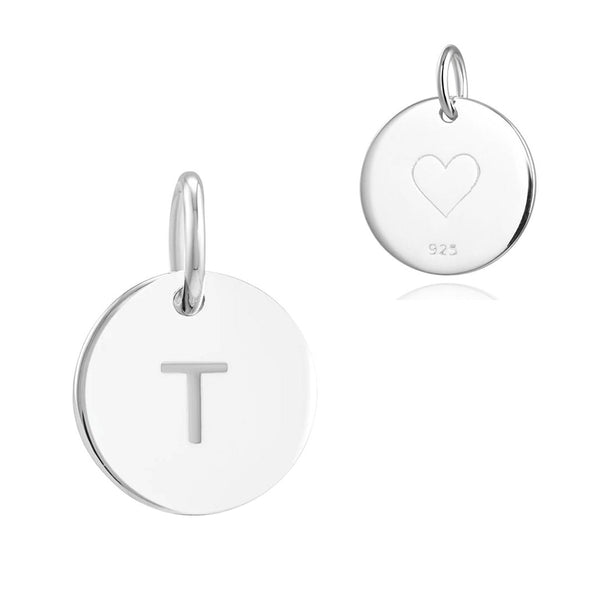 1pc 925 Sterling Silver 12mm Letter T Charm, Heart Engraved, Name Initial Disc Coin Pendant Drop, SLP-S20