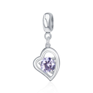 1pc 925 Sterling Silver Love Heart June Birthstone Charm Drop, Light Purple Alexandrite Cubic Zirconia CZ, 26mm (1 inch) Long, Hole ID 4.5mm, EC1-E6