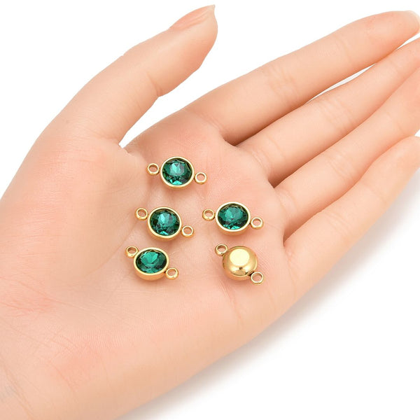 10pcs Grade A May Emerald Green Birthstone Links, 18K Yellow Gold Plated Stainless Steel, Tarnish Resistant, 10mm, CCP37-5