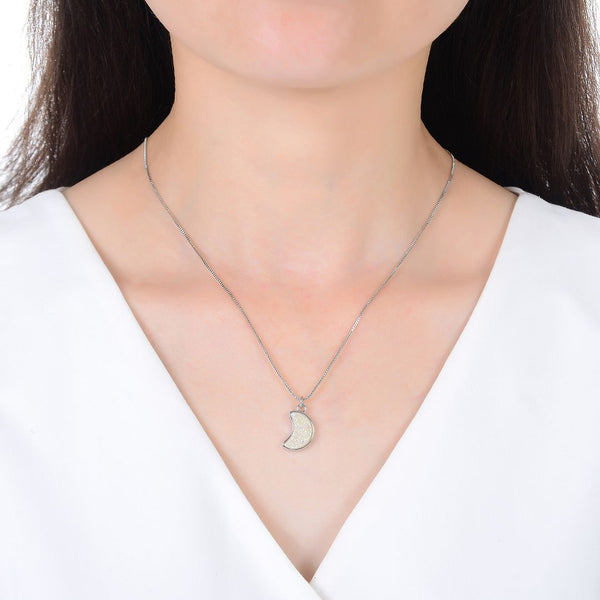 1pc Natural Druzy Crystal Pendant Necklace, Clear AB Moon Drop Small Gemstone Pendant, 18 inch Stainless Steel Surgical Chain, GGP27-5