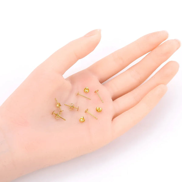 100pcs Raw Brass Earring Posts, Flat Board Glue On Setting, 100pcs Earring Backs, Unplated/Uncoated, Board Size Selections: 3mm/4mm/6mm/8mm