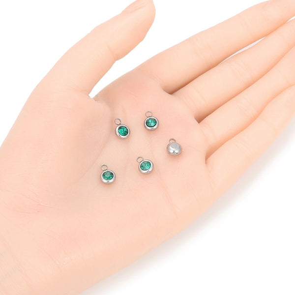 10pcs Grade A May Emerald Green Birthstone Charm Drops, Stainless Steel, Tarnish Resistant, 6mm, CCP32-5
